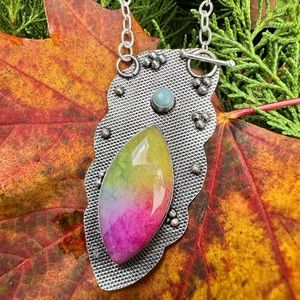 Brand New 925 Silver Plated-Rainbow Solar Quartz & Larimar 16” Necklace